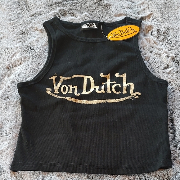 Von Dutch Tops - Von Dutch Black Crop Top with Gold Logo